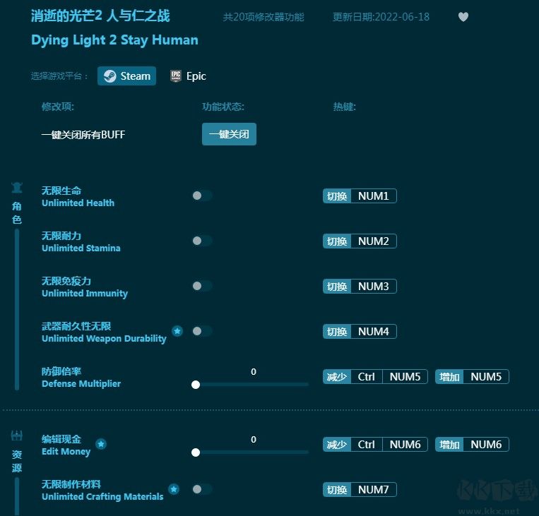 消逝的光芒2二十項(xiàng)修改器