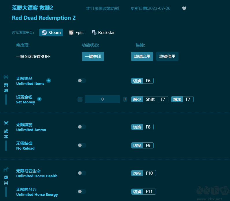 荒野大嫖客 救贖2共11項(xiàng)功能修改器